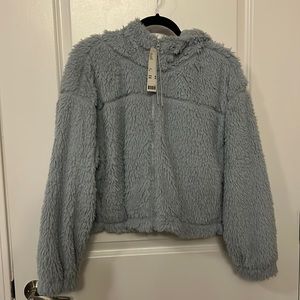 Urban Outfitters Light Blue Cropped Fuzzy Zip Up Jacket